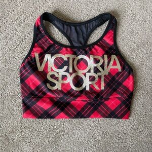 Victoria's Secret Red and Black Plaid Metallic Logo Racerback Sports Bra